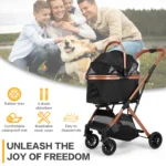Folding Stroller All Terrain 4 Wheels Puppy Cage Jogger Stroller with Detachable Carrier with Sun Shades for Large & Medium Dogs - Image 2