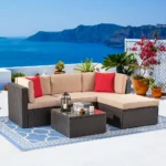 5-Piece Outdoor Patio Furniture Set, Sectional Sofa with Weather-Resistant Rattan, Ottoman, and Glass Table, Ideal for Backyard - Image 2