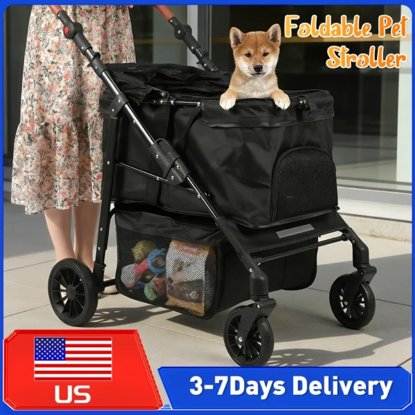 Foldable Pet Dog Stroller Smooth-Ride Jogger with 360° All-Terrain Wheels Adjustable Reflective Strip for Small Medium Dogs Cats