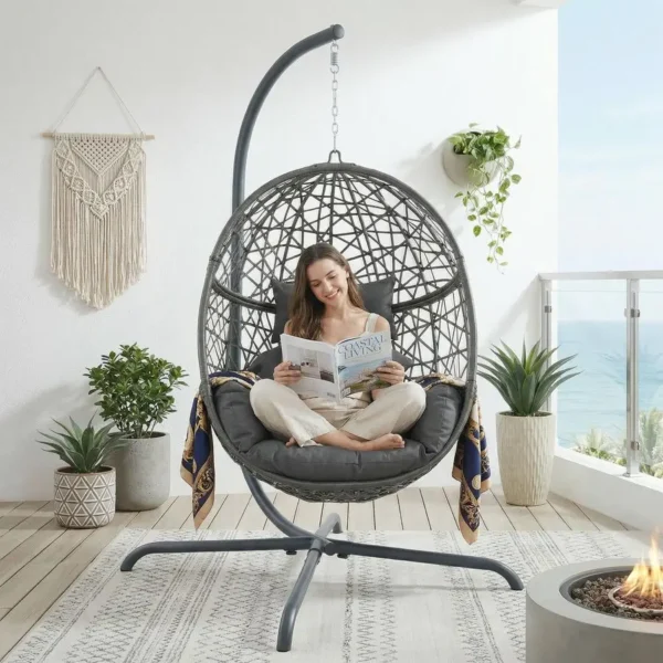 Oversized Hanging Egg Chair with Stand, Indoor Outdoor Wicker Bird Cage Swing Chair, Patio Hammock EggShaped Swinging Chair with