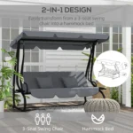 Outdoor 3-Person Patio Porch Swing Hammock Bench with Adjustable Canopy, Grey - Image 3