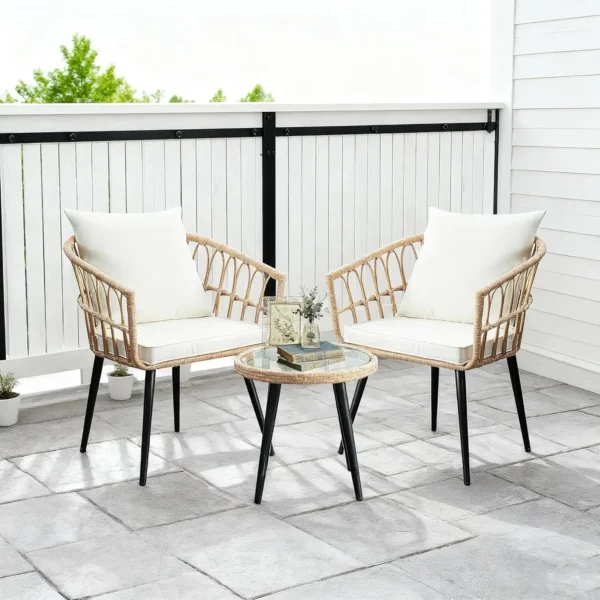 3 Piece Patio Bistro Set, Outdoor Wicker Furniture with Comfortable Cushions, Glass Top Table & 2 Rattan Chairs for, Customized