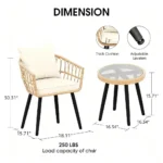 3 Piece Patio Bistro Set, Outdoor Wicker Furniture with Comfortable Cushions, Glass Top Table & 2 Rattan Chairs for, Customized - Image 2