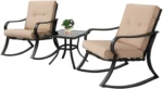 Outdoor Furniture 3 Piece Conversation Bistro Set Rocking Chairs and Glass Top Table, Thick Cushions, Black, Customized