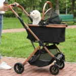 Folding Stroller All Terrain 4 Wheels Puppy Cage Jogger Stroller with Detachable Carrier with Sun Shades for Large & Medium Dogs
