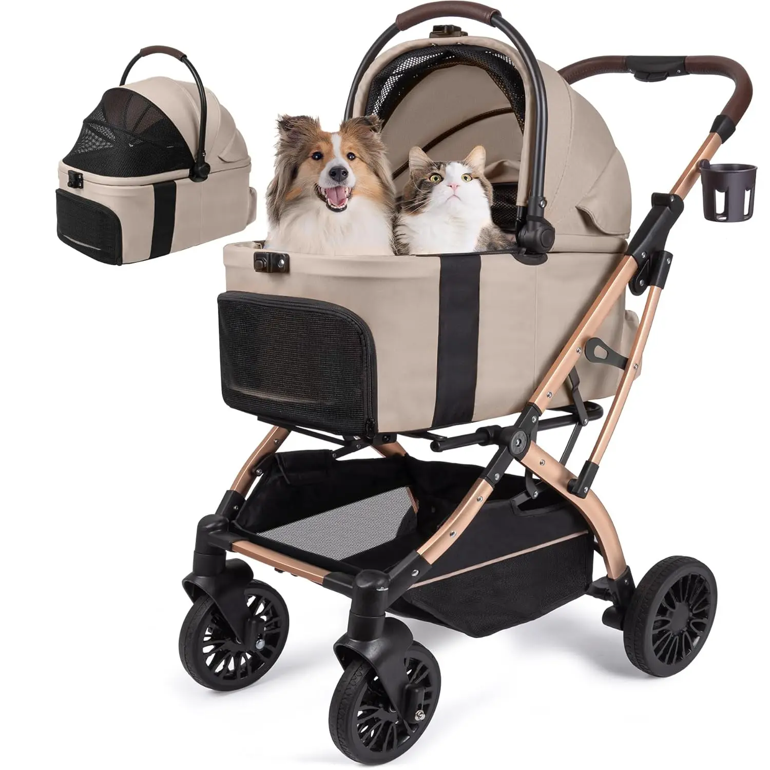 kf-S72df6d6c78c9440bb9f456d951f1e82eK 5-in-1 Foldable Pet Stroller for Small Dogs Cats, Waterproof Carrier, All-Terrain Wheels, 55lbs Capacity - Khaki - Image 1