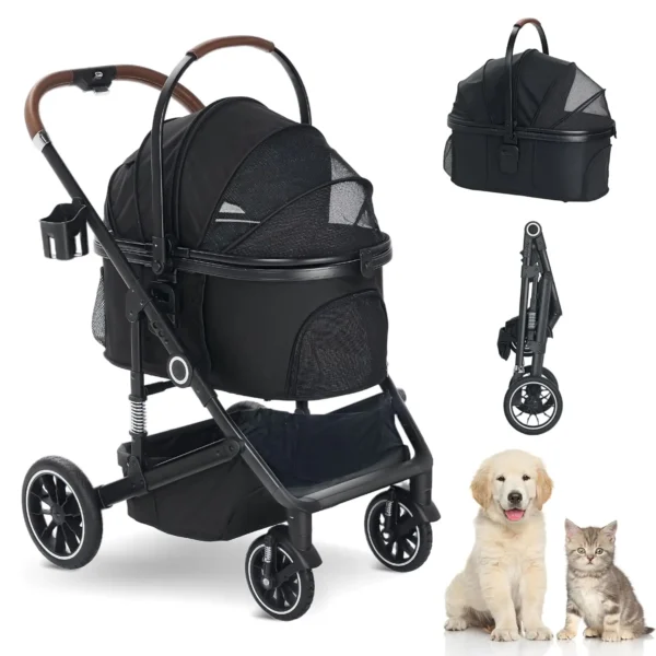 4-Wheel Pet Stroller for Dogs Cats up to 50lbs, Lightweight Foldable Carrier with Storage Basket and Cup Holder