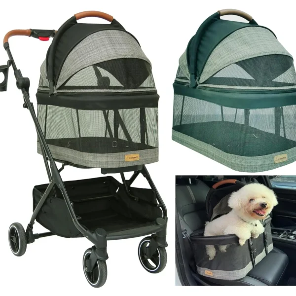 3-in-1 Pet Stroller with Detachable Carrier & Car Seat, Lightweight Folding for Dogs/Cats up to 35 lbs, Grey Lattice