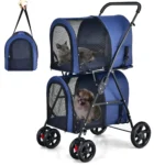 Double Pet Stroller with 2 Removable Carrying Bags, Safety Strap, 4 Lockable Wheels, Foldable Cat and Dog Stroller