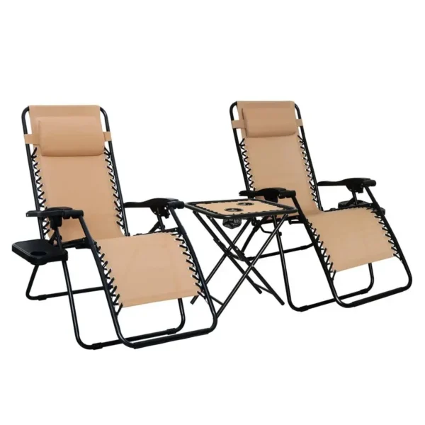 Outdoor Textilene Adjustable Zero Gravity Folding Reclining Lounge Chair Set with Cup Holder, Side Table, Headrest, WeatherResis