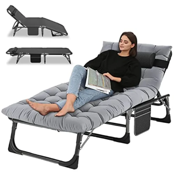 Adjustable 4-Position Camping Cot, 500lbs, Folding Chaise with Pillow, Outdoor Portable Furniture for Adults, Cot Bed for Campin