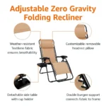 Outdoor Textilene Adjustable Zero Gravity Folding Reclining Lounge Chair Set with Cup Holder, Side Table, Headrest, WeatherResis - Image 5