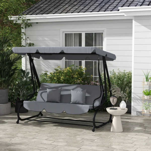 Outdoor 3-Person Patio Porch Swing Hammock Bench with Adjustable Canopy, Grey