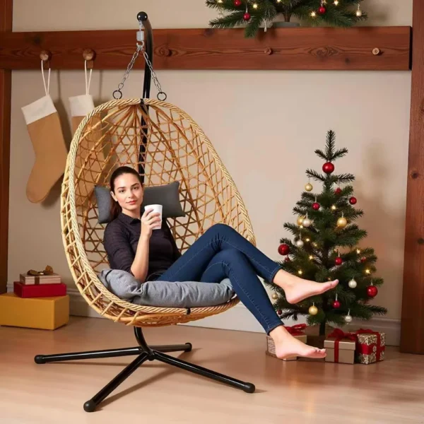 Hanging Egg Chair with Stand & Cushions - All-Weather Rattan Swing Chair for Patio, Balcony, Garden