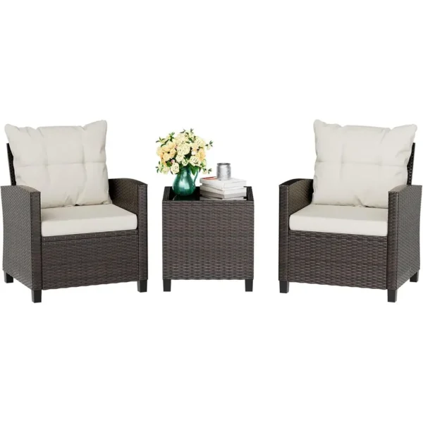 Compact Outdoor Wicker Bistro Set with Cushioned Chairs and Glass Table for Patio, Garden, Backyard, Balcony, Poolside (Beige)